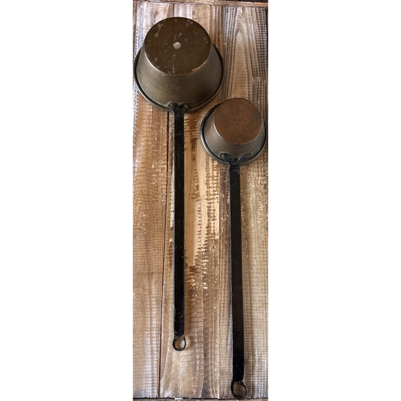 Set 2 Vintage Brass Copper Fireplace Pots Ladles Long Iron Handle Dipper Scoop - Picture 3 of 4